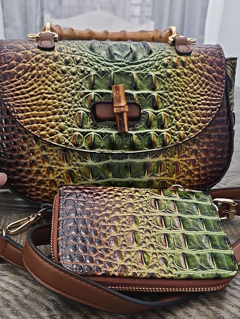 Green-Brown Croc-Embossed Top-Handle Women’s Bag with Matching Wallet